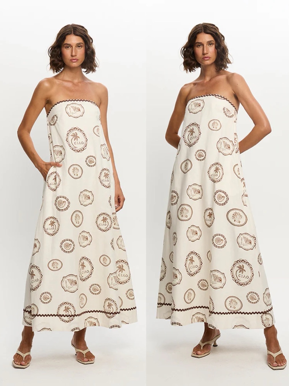 Kivari • Anthropologie Ciao Strapless Maxi Dress white linen print rickrack - Picture 3 of 15